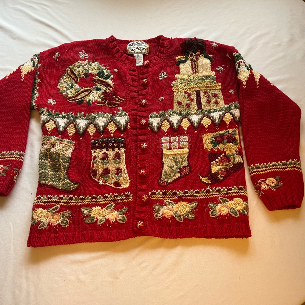 Embroidered Holiday Red Knit Cardigan Sweater